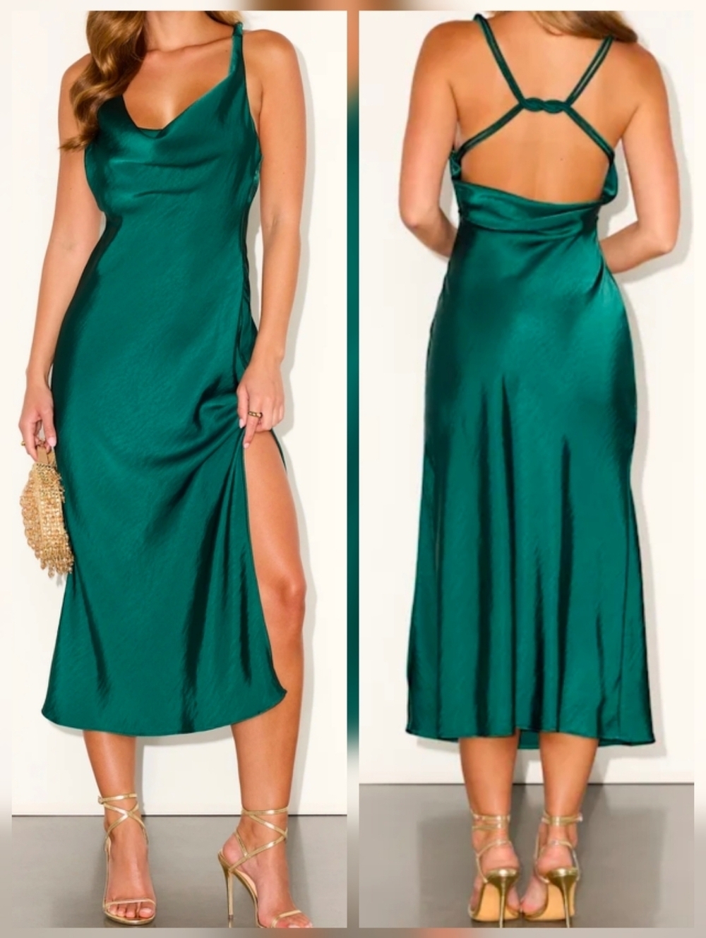 Lulus Alexandra Emerald Satin Cowl Neck Knotted Strapped Back Midi Dress, XS